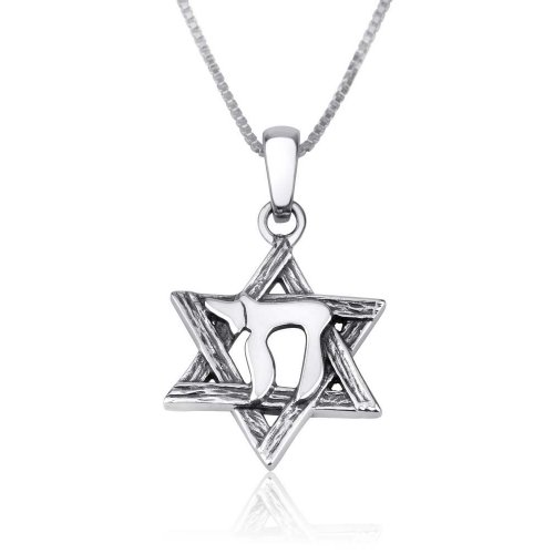 Pendant Necklace with Engraved Star of David and Chai Hebrew Letters  Sterling Silver