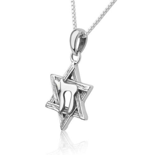 Pendant Necklace with Engraved Star of David and Chai Hebrew Letters  Sterling Silver