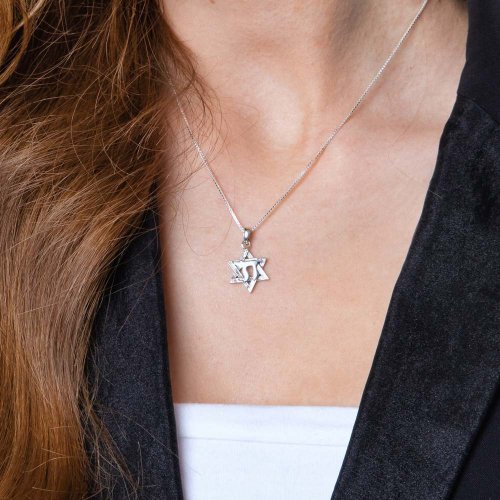 Pendant Necklace with Engraved Star of David and Chai Hebrew Letters  Sterling Silver