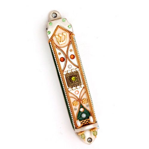 Pewter Mezuzah Case by Shahaf with white enamel