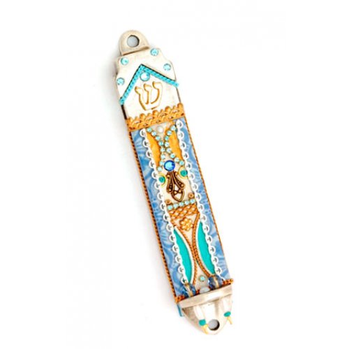 Pewter Mezuzah Case with Blue Crystals - Ester Shahaf