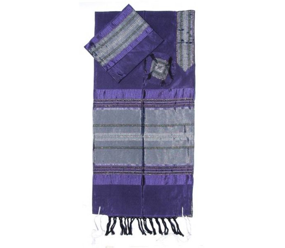 Purple Handwoven Silk Tallit Prayer Shawl Set with Silver Stripes - Gabrieli