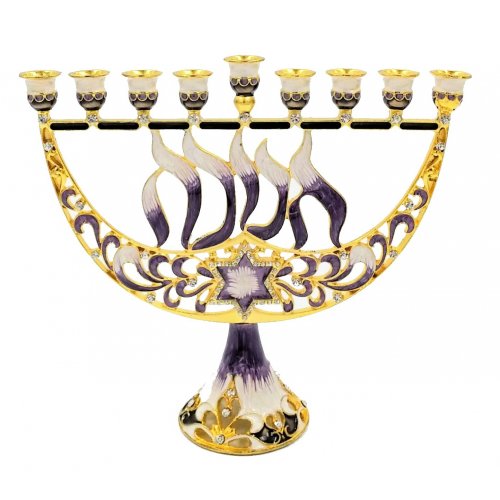 Purple and Gold Menorah with Chanukah and Star of David, Enamel - For Decoration