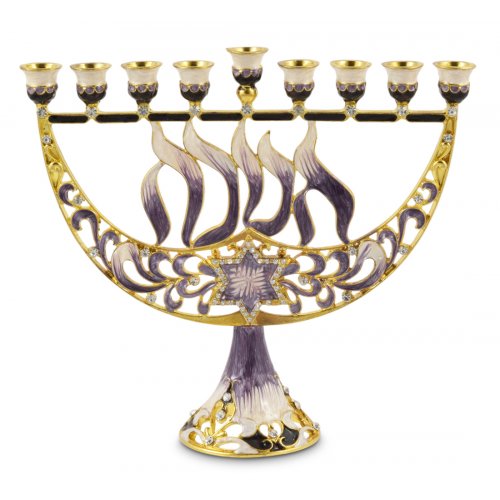 Purple and Gold Menorah with Chanukah and Star of David, Enamel - For Decoration