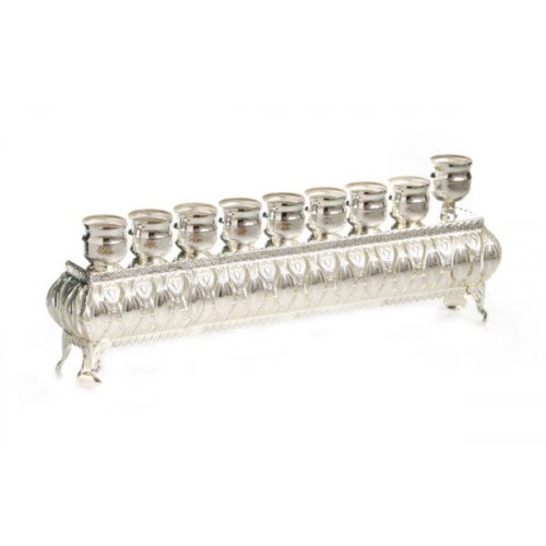 Raised Hanukkah Menorah with Lights in a Row, Leaf Design - Silver Plated