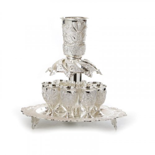 Raised Kiddush Fountain, 8 Stem Cups - Silver Plated with Decorative Filigree