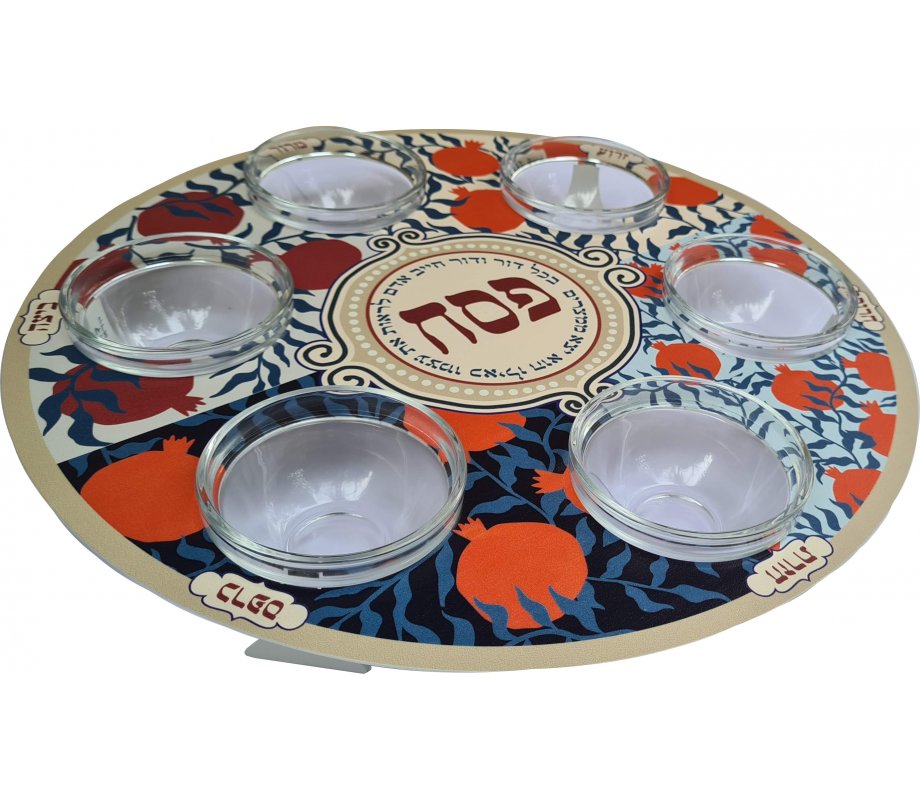 Raised Seder Plate with Glass Bowls, Colorful Pomegranate Design - Dorit Judaica