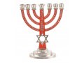 Red on Silver 7-Branch Menorah with Star of David and Breastplate  5.2 Inches