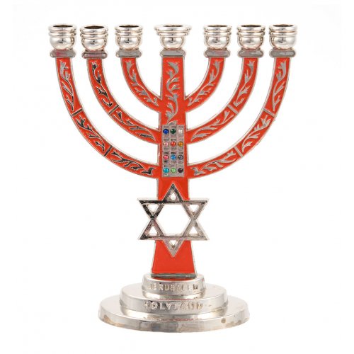 Red on Silver 7-Branch Menorah with Star of David and Breastplate  5.2 Inches