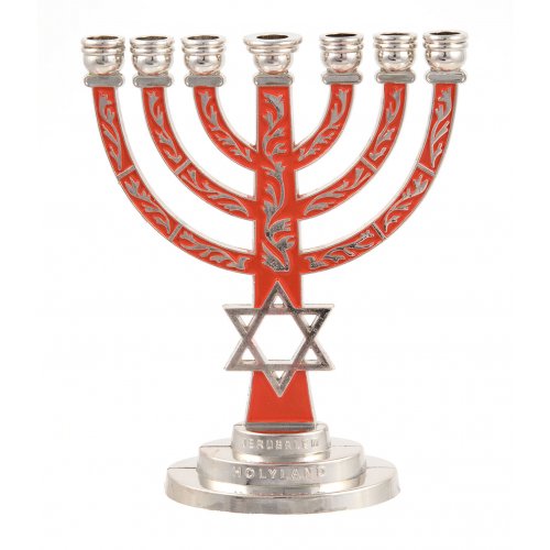 Red on Silver 7-Branch Menorah with Star of David and Breastplate  5.2 Inches