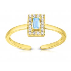 Ring of Yellow Gold Plated Sterling Silver, Small Zircons Frame Blue Zircon in Center