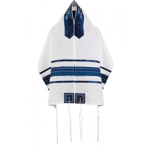 Ronit Gur Blue Embroidery Stripe and White Tallit Set