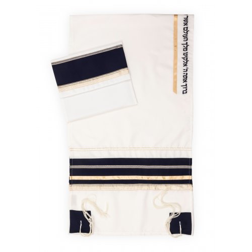 Ronit Gur White Tallit Set with Black and Gold Stripes