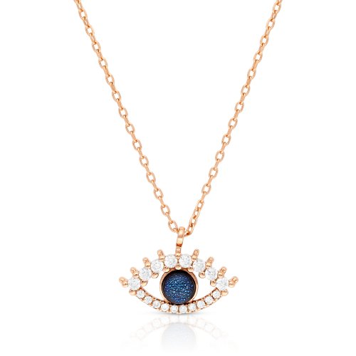 Rose Gold Plated Sterling Silver Necklace with Evil Eye Charm Pendant - Zircons