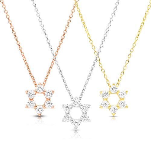 Rose Gold Plated Sterling Silver Necklace with Star of David Pendant and Zircons