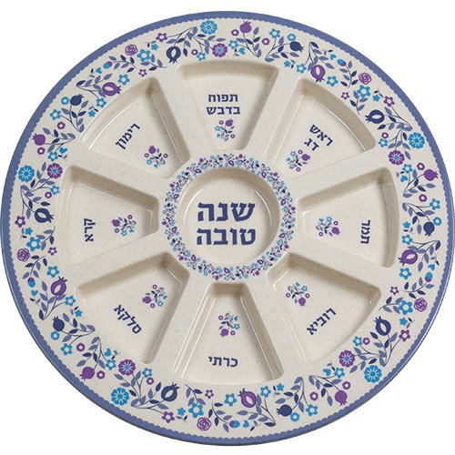 Rosh Hashanah Seder Plate, Blue Pomegranates - Bamboo Fiber