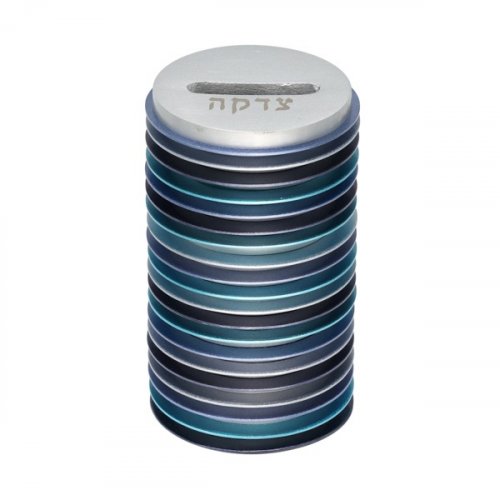 Round Charity Tzedakah Box with Stacked Discs, Shades of Blue - Yair Emanuel