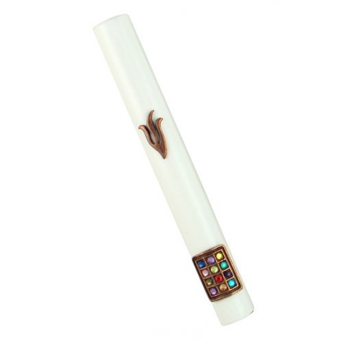 Rounded Mezuzah Case of White Wood with Bronze Pewter Shin and Colored Breastplate