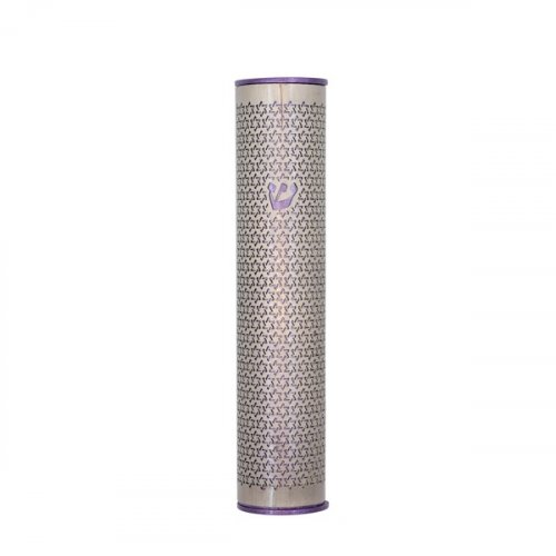 Rounded Mezuzah Case with Cutout Stars of David in Purple and Silver - Yair Emanuel