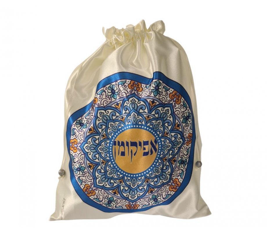 Satin Afikoman Bag, Blue Flowers in Armenian Design - Dorit Judaica