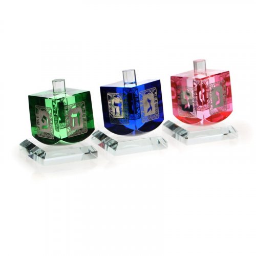 Set of Three Colorful Crystal Magic NO-FALL Dreidels - with Letters of Dreidel