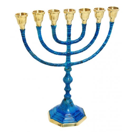 Seven Branch Menorah, Brass Covered with Gold and Deep Blue Patina  10