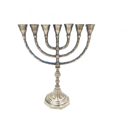 Seven Branch Menorah with Engraved Branches, Pewter Plated Brass  Choice 10