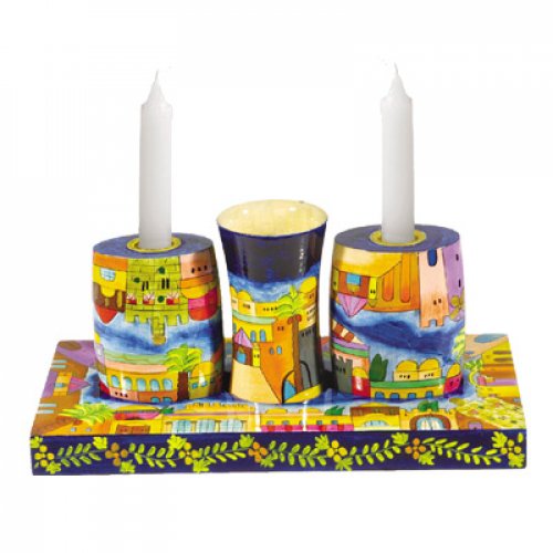 Shabbat Candles & Havdalah Set, Hand Painted Wood with Jerusalem Motif - Yair Emanuel