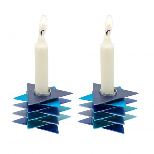 Shabbat Candlesticks, Shades of Blue Stacked Triangle Stars of David - Yair Emanuel