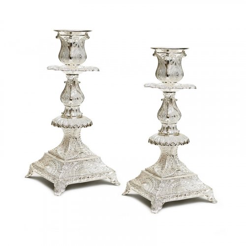 Shabbat Candlesticks, Silver Plated with Detailed Filigree Design  Height 7.4