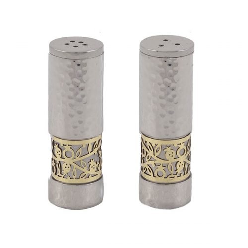 Silver Hammered Aluminum Salt & Pepper Set, Gold Pomegranate Band - Yair Emanuel