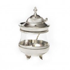 Silver Metal Honey Dish on Feet with Spoon and Lid - Stripe Design