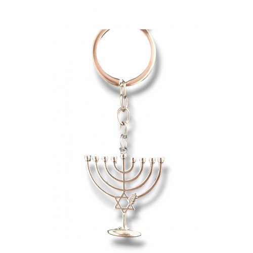 Silver Metal Key Chain with Hanging Star of David, Chanukah Menorah and Wheat Stalk