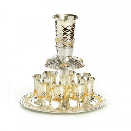 Silver Plated and Gold Kiddush Fountain, Eight Stem Cups and Tray - Diamond Design