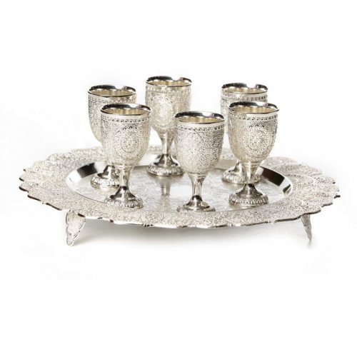 Six Filigree Design Small Kiddush Cups with Matching Circular Tray - Filigree Design