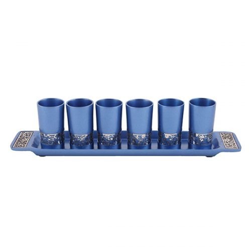 Six Small Blue Kiddush Cups with Tray, Pomegranate Cutout - Yair Emanuel