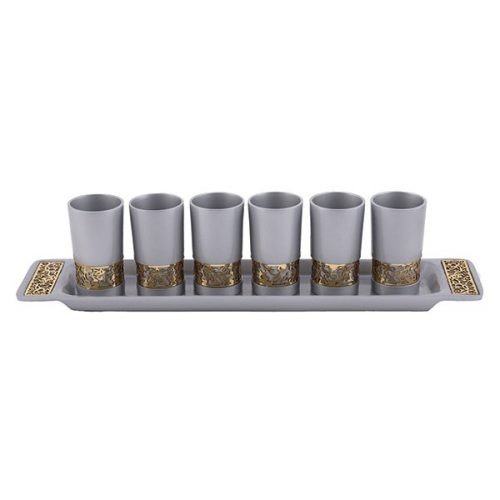 Six Small Silver Kiddush Cups with Tray, Pomegranate Cutout - Yair Emanuel