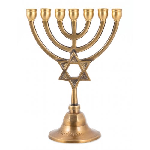 Small Antique Dark Gold Brass Seven Branch Menorah, Star of David on Stem - 7.5