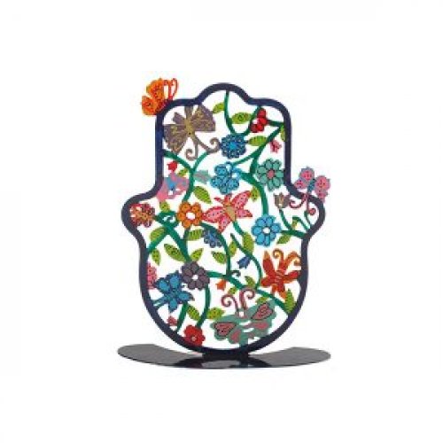 Small Hand Painted Hamsa on Stand  Flowers and Butterflies - Yair Emanuel