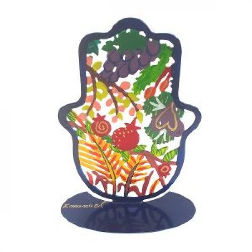 Small Hand Painted Hamsa on Stand, Seven Species of the Holy Land - Yair Emanuel