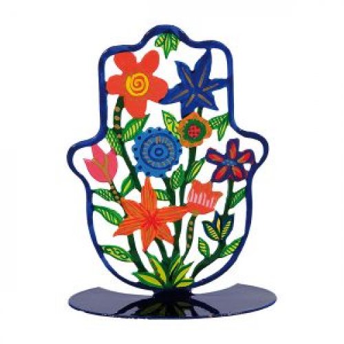 Small Hand Painted Hamsa on Stand with Colorful Flowers - Yair Emanuel