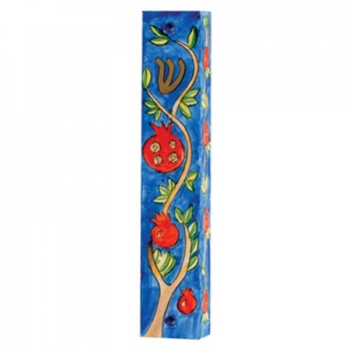 Small Hand Painted Wood Mezuzah Case, Pomegranates on Blue - Yair Emanuel