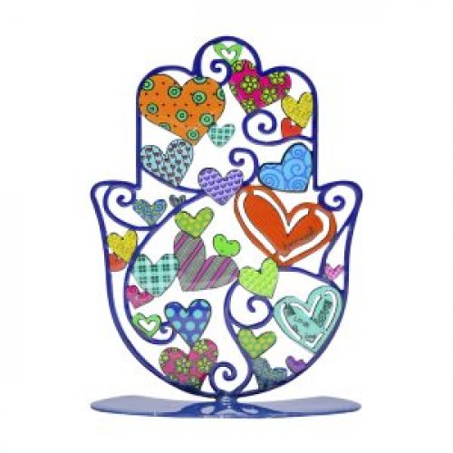 Small Hand-painted Hamsa on Stand, Colorful Hearts - Yair Emanuel