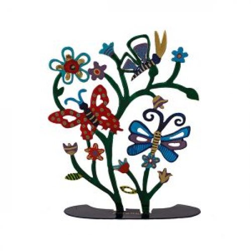 Small Hand-painted Tree Sculpture with Butterflies on Stand - Yair Emanuel