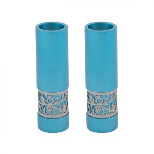 Small Sabbath Candlesticks with Silver Pomegranates Band, Turquoise - Yair Emanuel