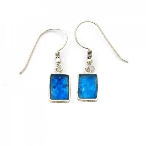 Small Sterling Silver Drop Earrings with Roman Glass in a Rectangle - Michal Kirat