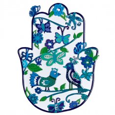 Small Wall Hamsa with Blue Butterflies and Birds - Yair Emanuel