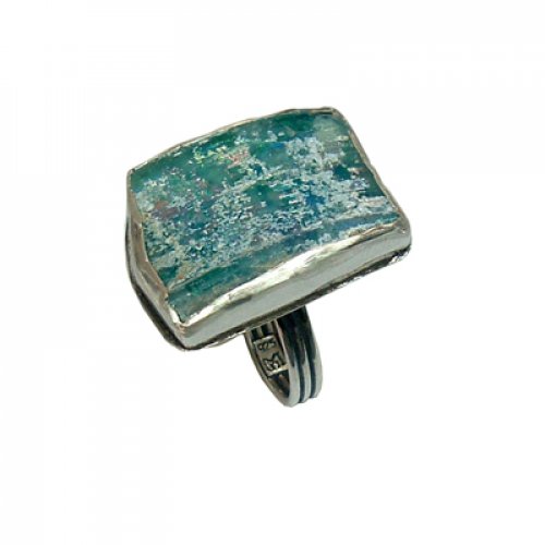 Square Sterling Silver Ring with Roman Glass Adjustable Band - Michal Kirat