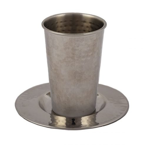 Stainless Steel Kiddush Cup and Saucer, Hammered - Yair Emanuel