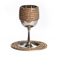 Stainless Steel Kiddush Cup on Stem with Matching Plate - Gold Crystal Stones